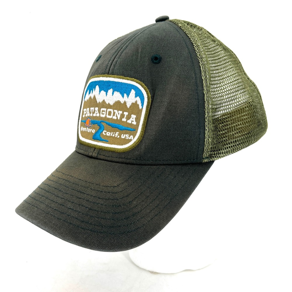 Patagonia Vintage Ventura Calif USA Patch Trucker Hat‎ Cap Olive Green Mesh Mens
